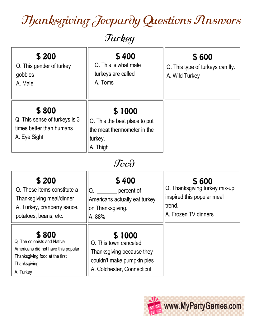 Free Printable Jeopardy-inspired Game for Thanksgiving  Q and A