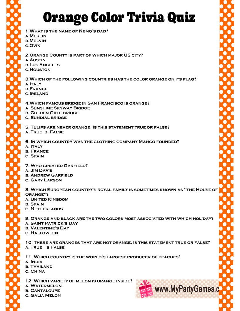 Orange Color Trivia Quiz for Thanksgiving and Fall Printable