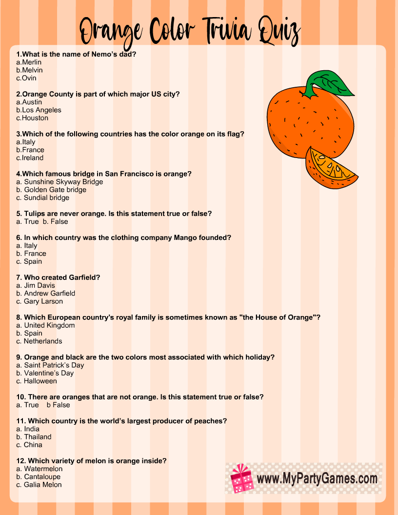Free Printable Orange Color Trivia Quiz for Thanksgiving and Fall 