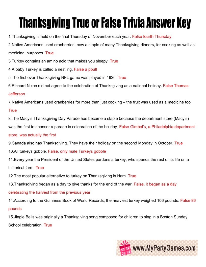 Thanksgiving True or False Trivia Quiz Answer Key