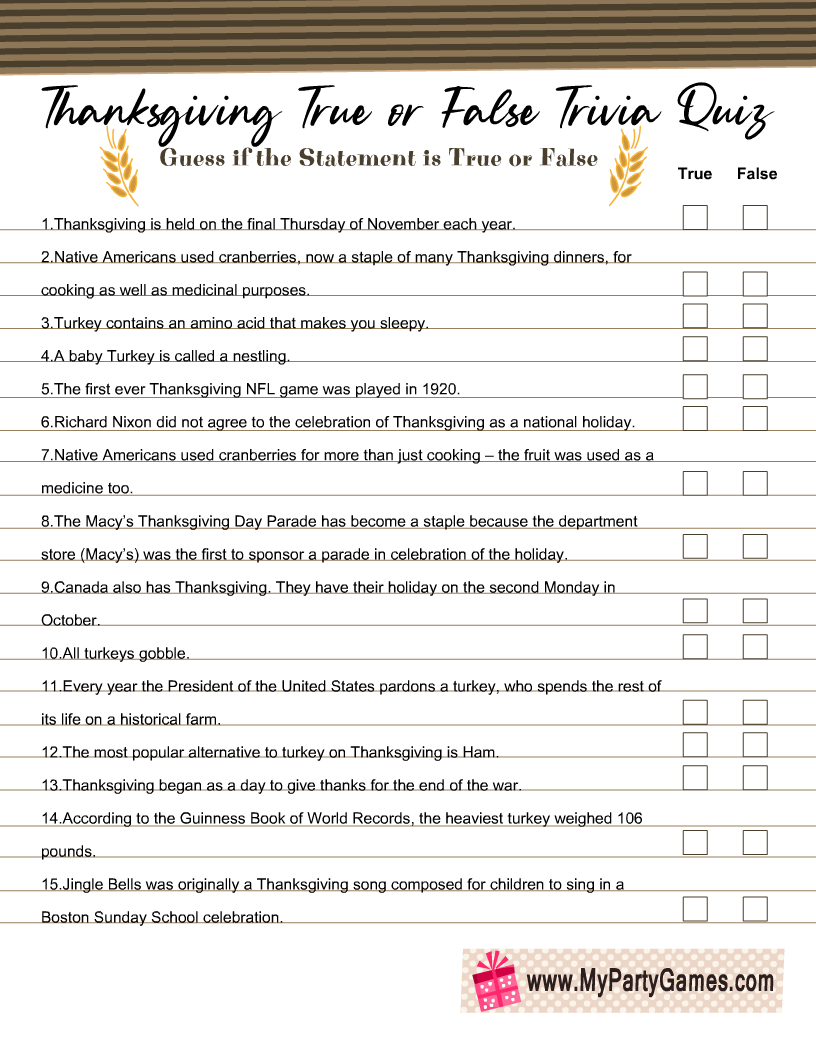 Thanksgiving True or False Trivia Quiz Printable