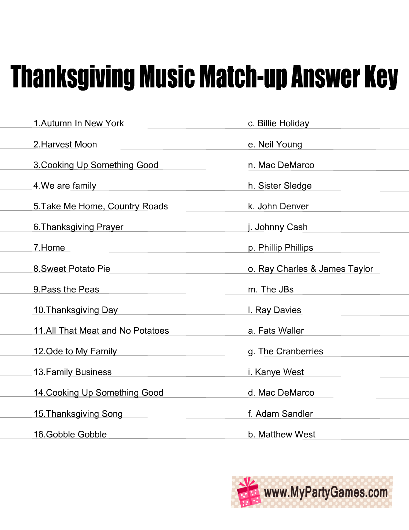 Thanksgiving Music Match-up Game Answer Key