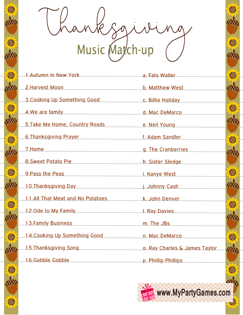 Thanksgiving Music Match-up Game Printable