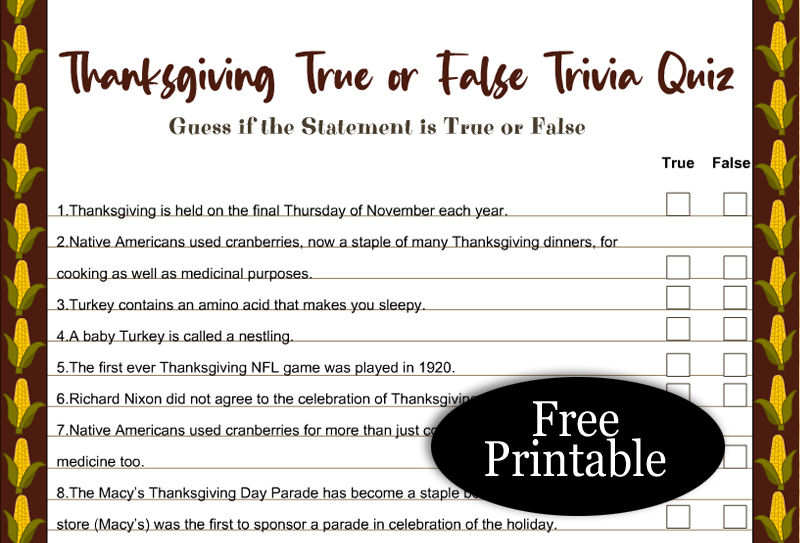 Free Printable Thanksgiving True or False Trivia Quiz
