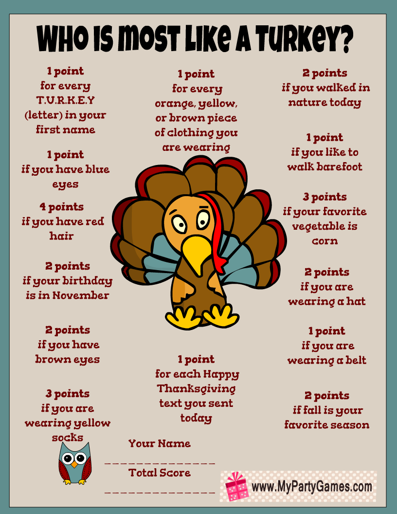 Who is Most like a Turkey? Free Printable Thanksgiving Game