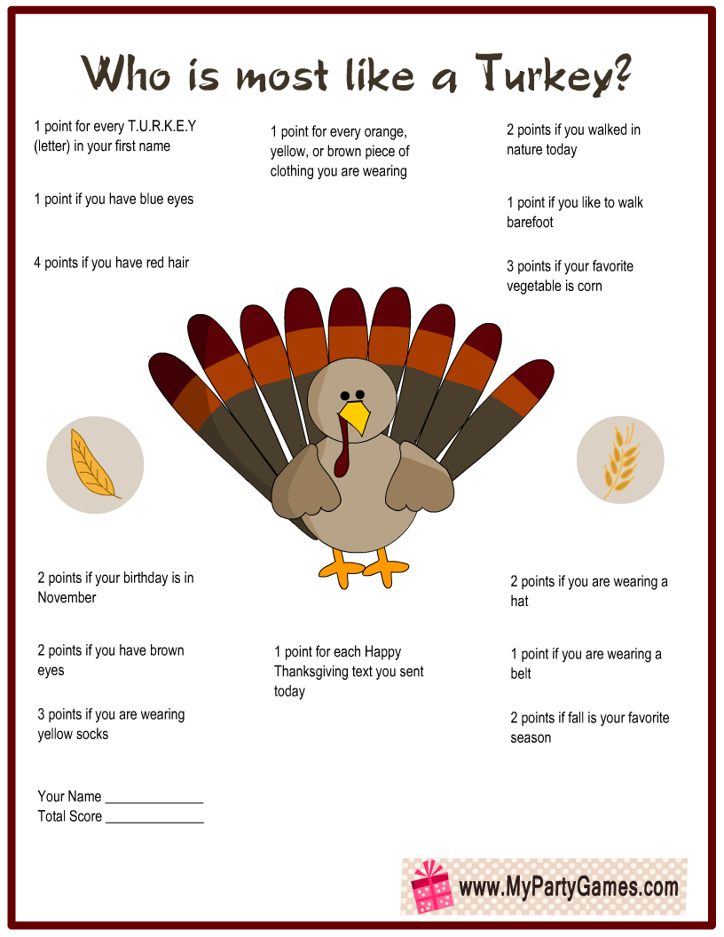 Who is Most like a Turkey? Thanksgiving Game