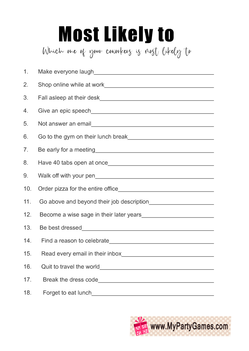 Free Printable Most Likely to, Office Party Game