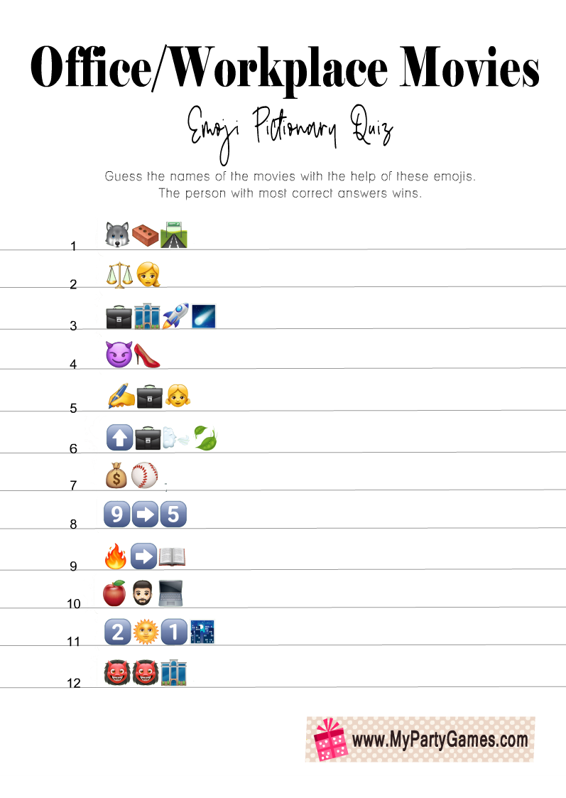 Free Printable Office/Work Movies Emoji Pictionary Quiz 