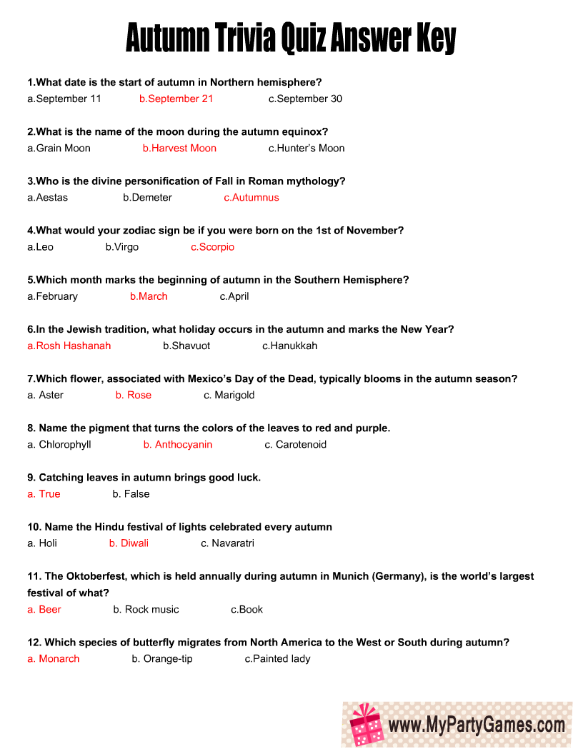 Printable Autumn Trivia Quiz Answer Key