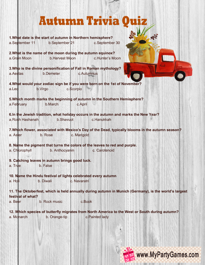 Free Printable Autumn Trivia Quiz