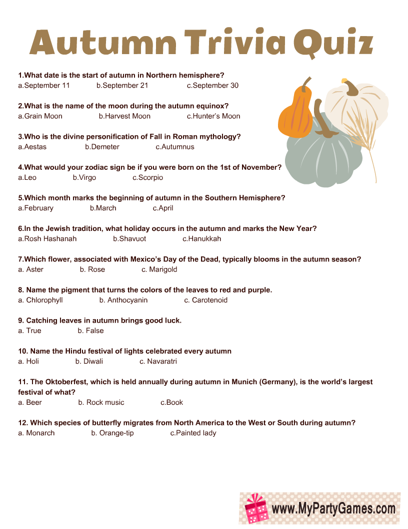 Autumn Trivia Quiz Printable