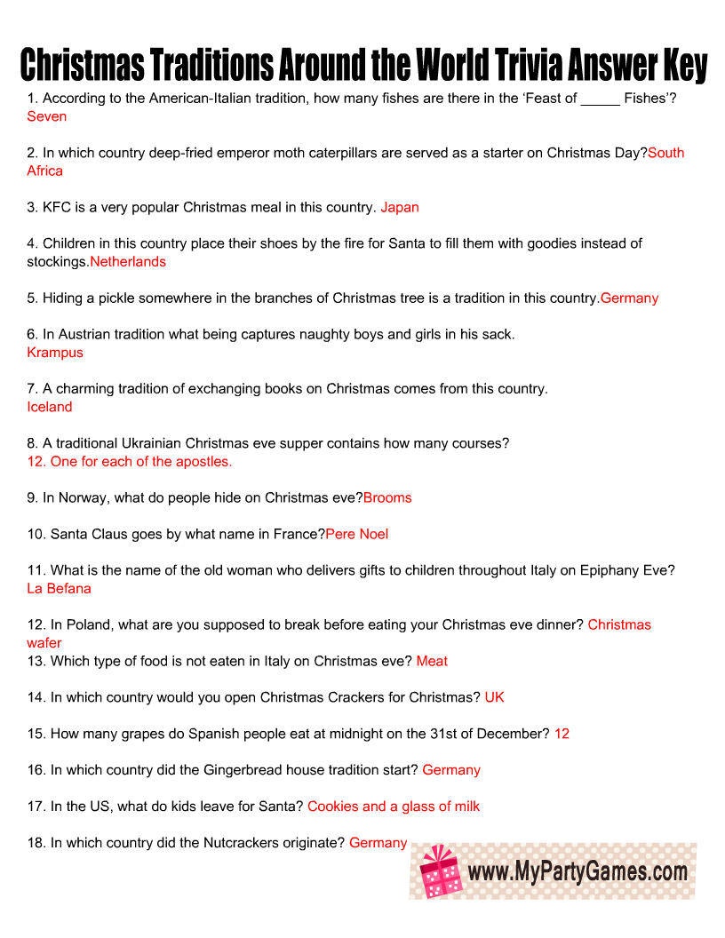Christmas Traditions Around the World Trivia Answer Key