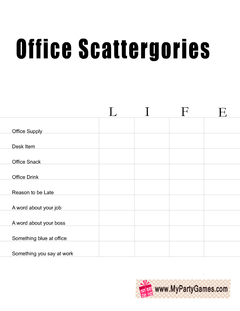 Office Party Scattergories Game Printable, Life