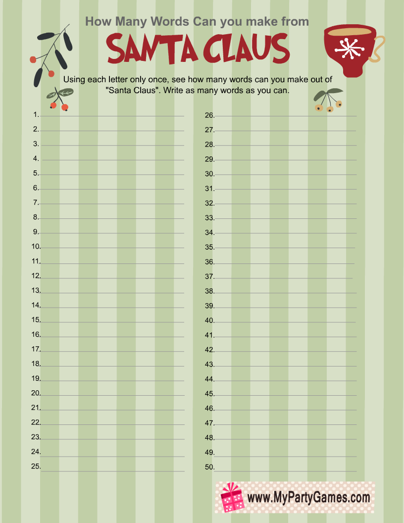 How many words can you make from Santa Claus? Free Printable Christmas Game