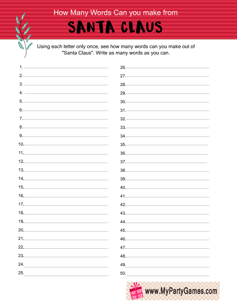 How many words can you make from Santa Claus? Free Printable Christmas Game