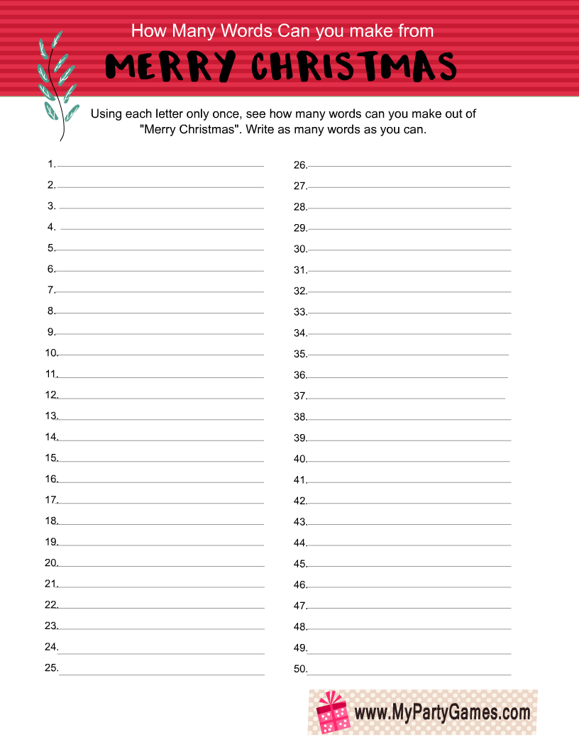 How many words can you make from Merry Christmas? Free Printable Game