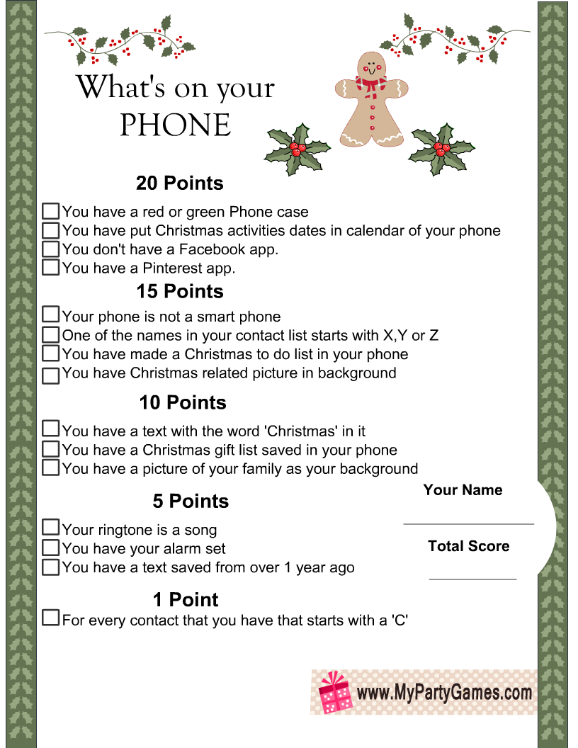 What's on Your Phone Christmas Game Printable