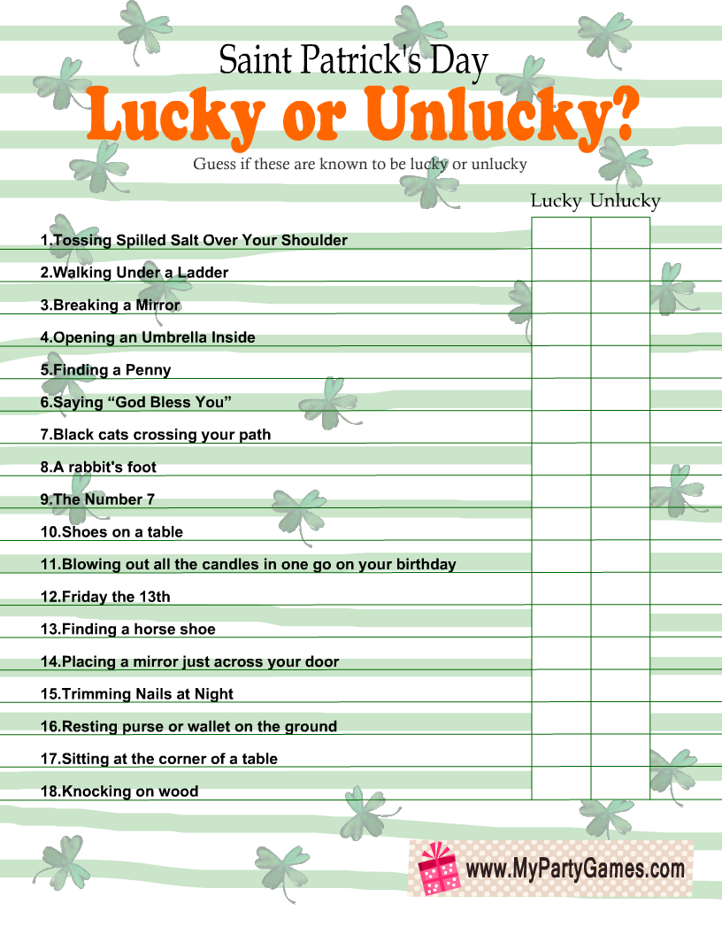 Saint Patrick's Day Lucky or Unlucky Game Free Printable