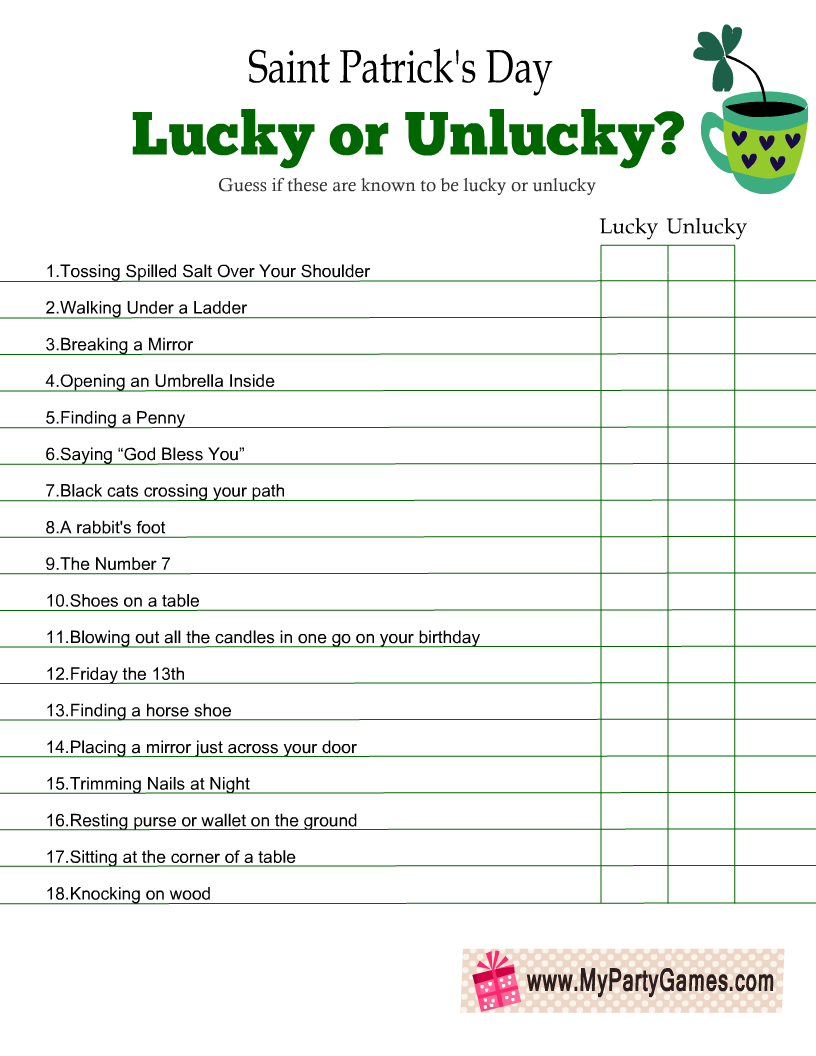 Free Printable Saint Patrick's Day Lucky or Unlucky Game