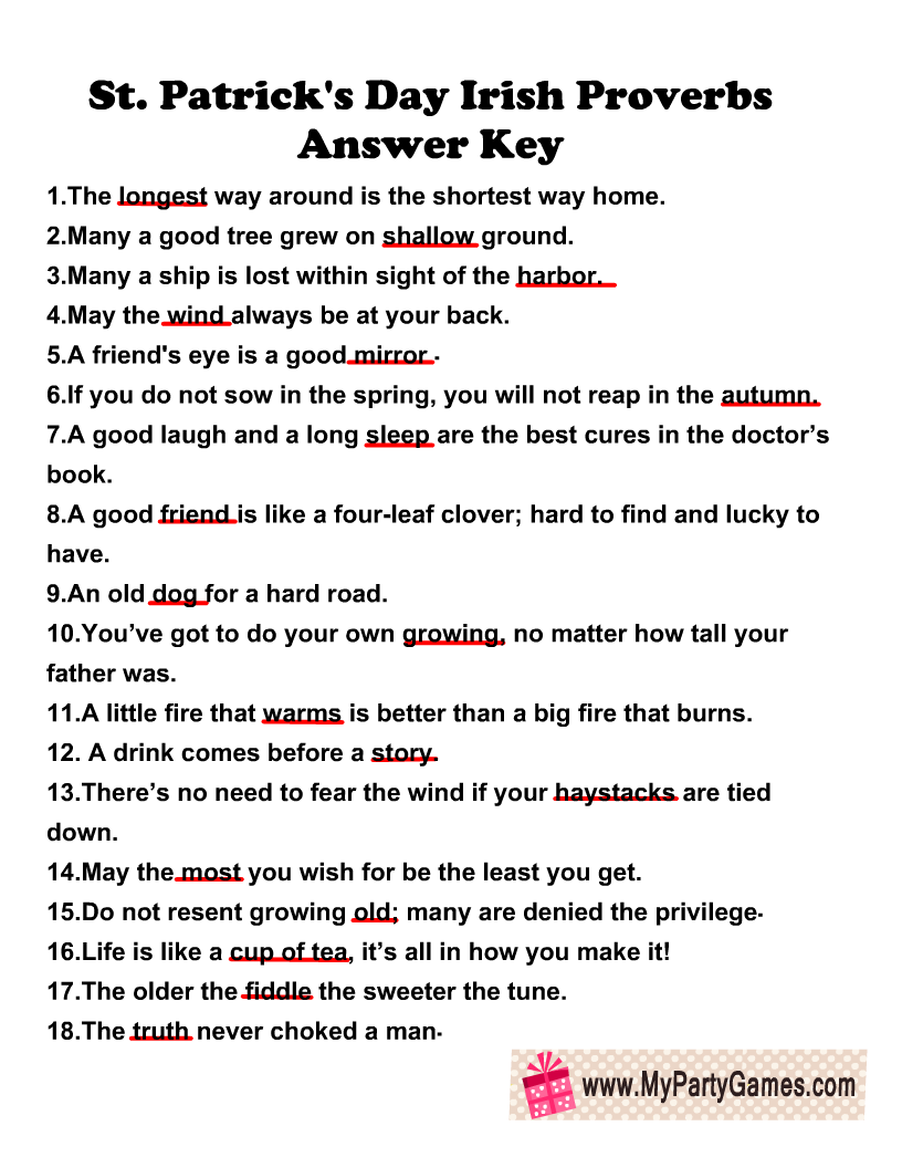Free Printable Complete the Irish Proverb Game Answer Key