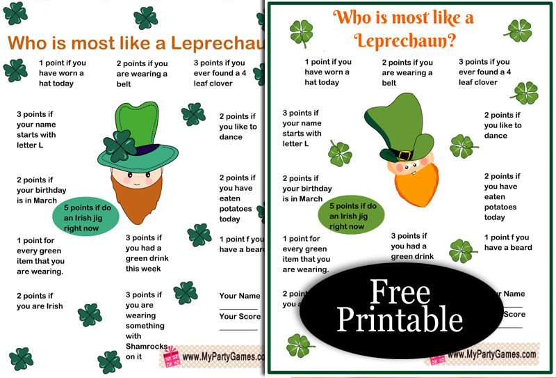 Who is Most like a Leprechaun? Free Printable Game