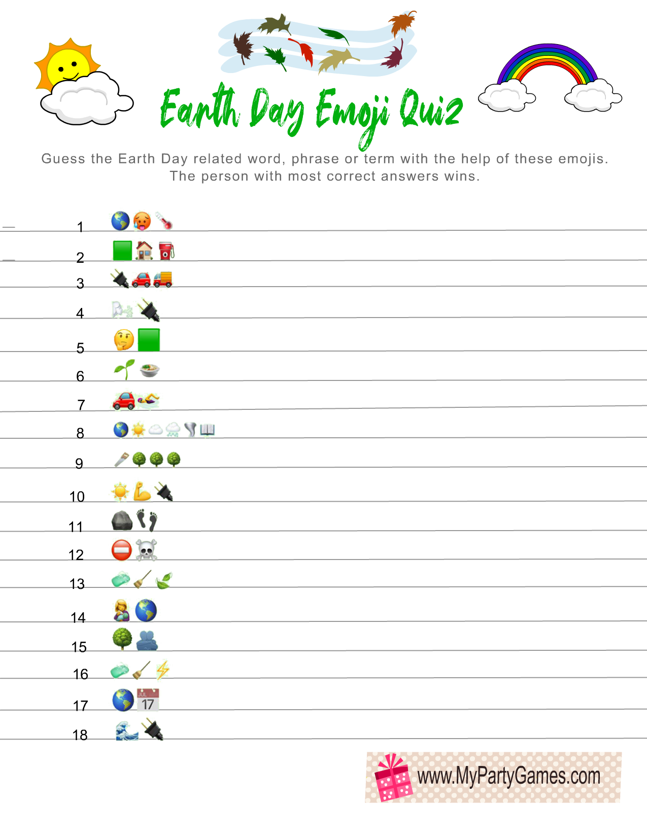 Earth Day Emoji Pictionary Quiz Printable
