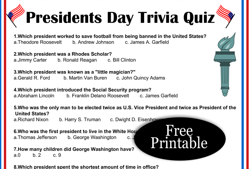 Free Printable Presidents Day Trivia Quiz with Answer Key