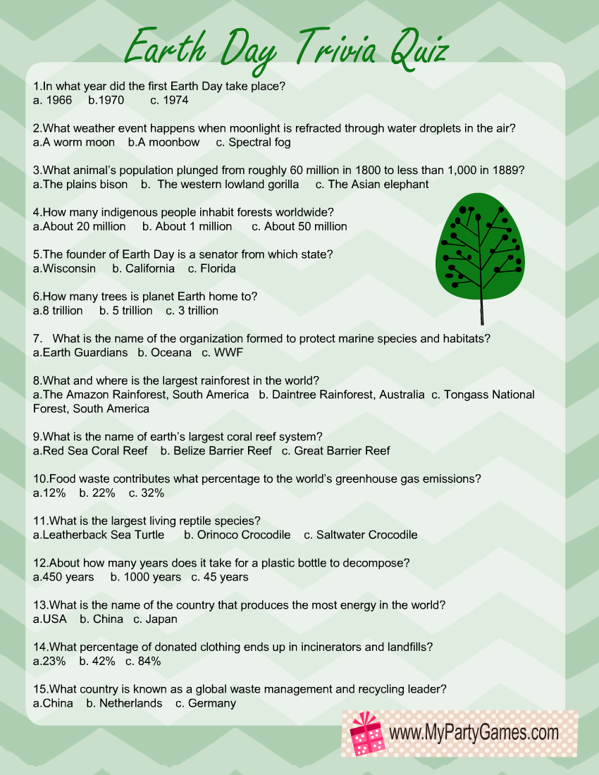 Earth Day Trivia Quiz Free Printable