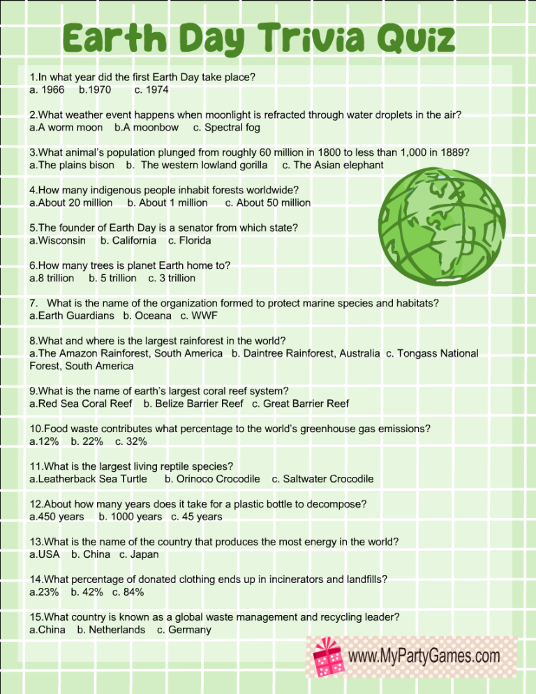 Free Printable Earth Day Trivia Quiz with Answer Key