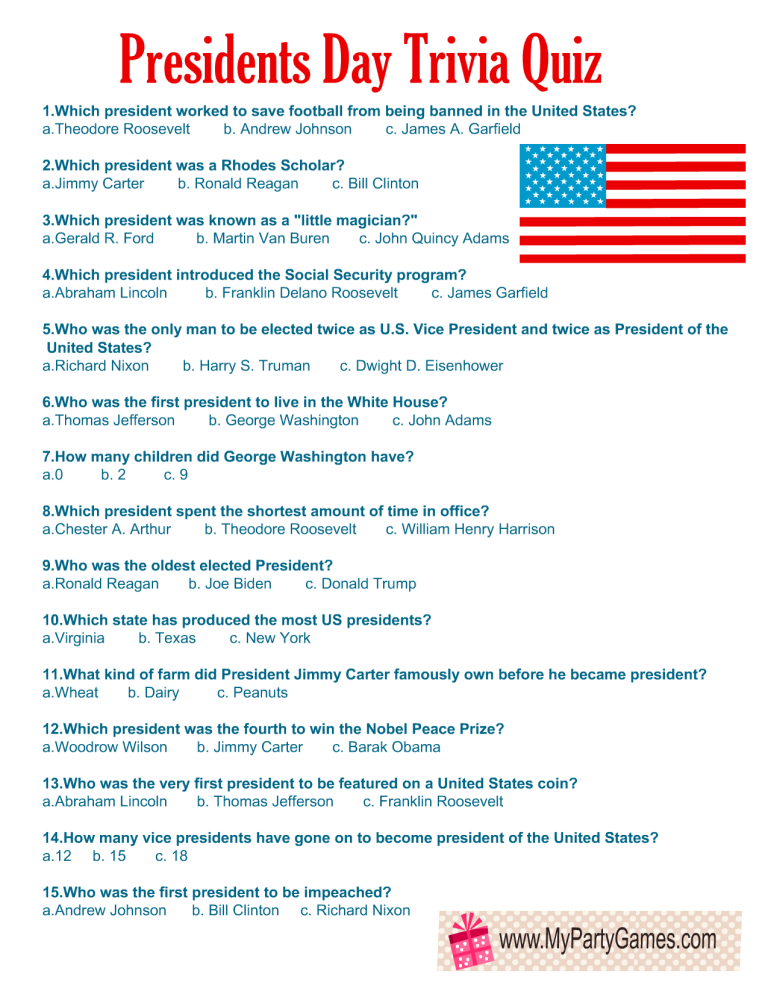 Free Printable Presidents Day Trivia Quiz with Answer Key