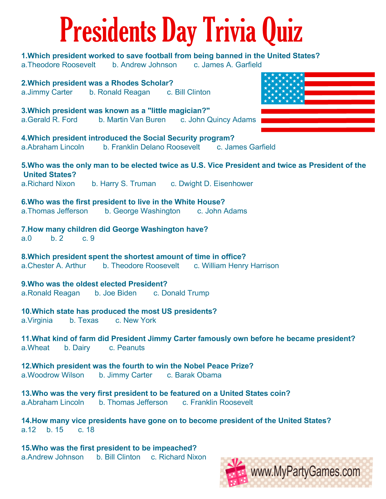 Presidents Day Trivia Quiz Printable