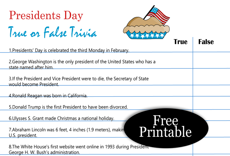 Free Printable Presidents Day True or False Trivia Quiz