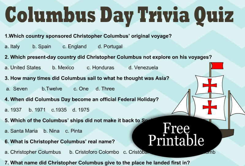 Free Printable Columbus Day Trivia Quiz with Answer Key