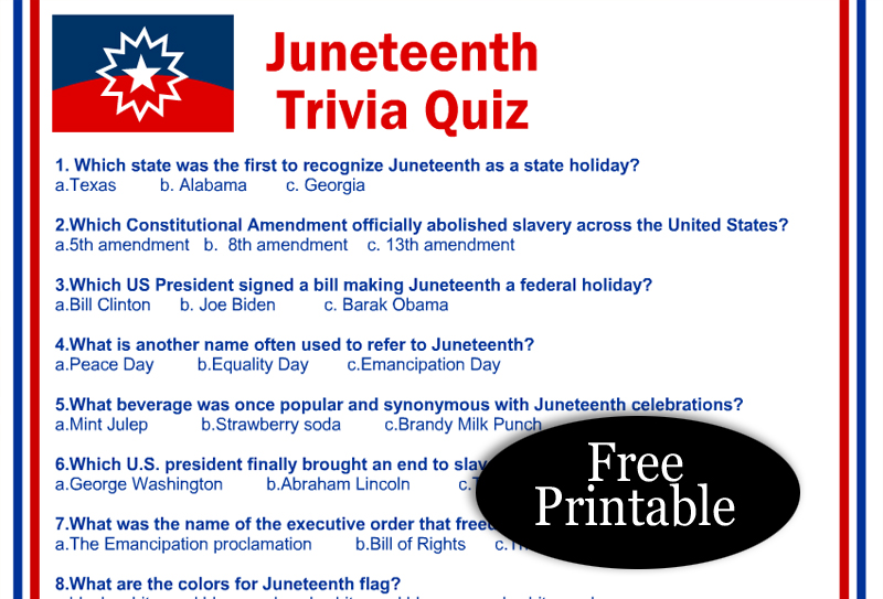 Free Printable Juneteenth Trivia Quiz with Answers