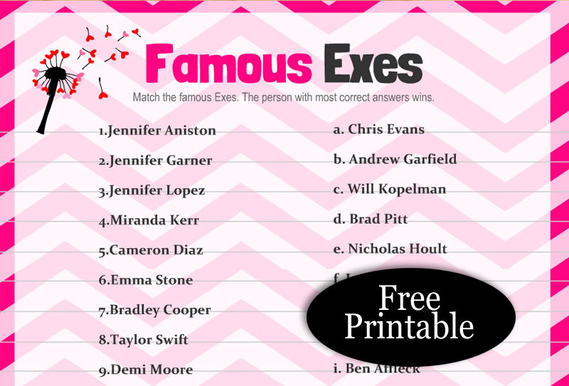 Free Printable Famous Exes Match Up Game with Answer Key