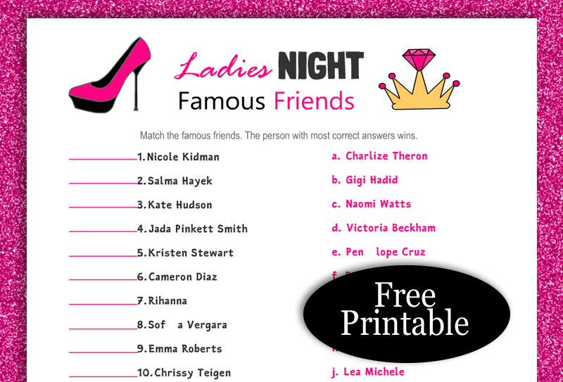 Free Printable Famous Friends Match-Up Game for Ladies' Night