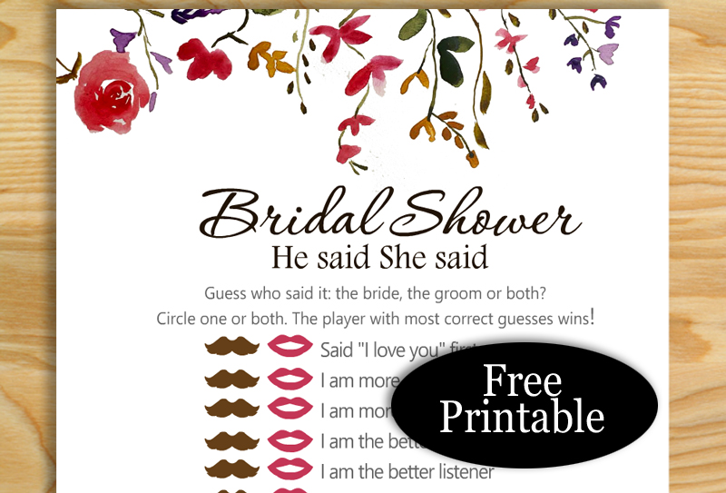 He Said She Said, Free Printable Bridal Shower Game