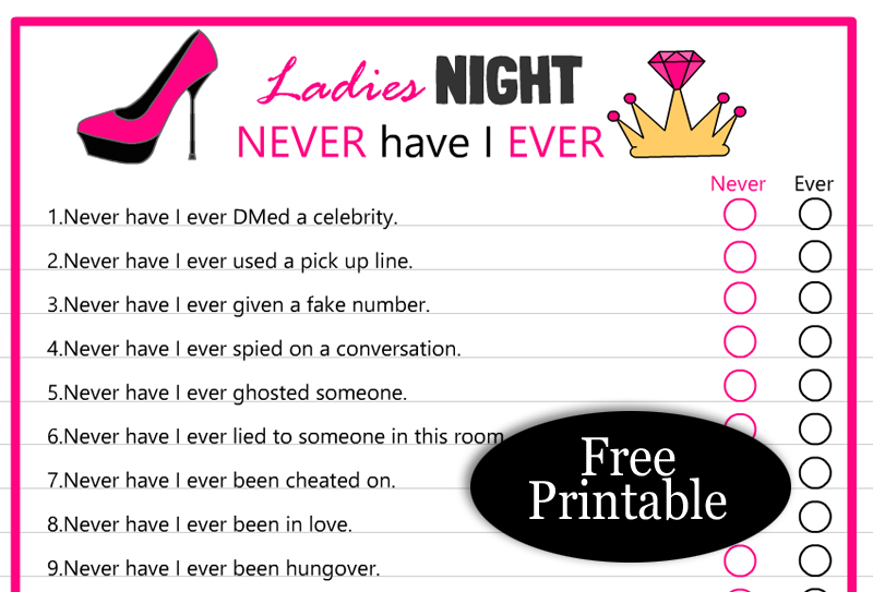 Free Printable Never have I Ever, Ladies Night Game