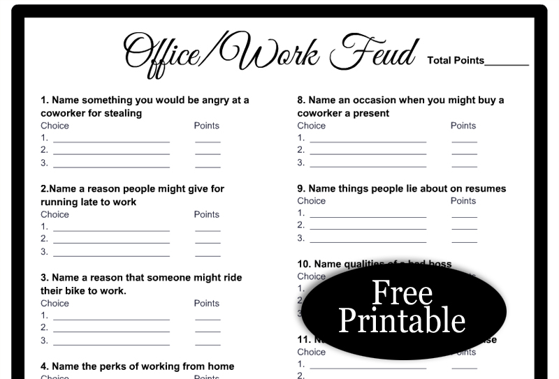 Free Printable Office Party/Workplace Feud Game