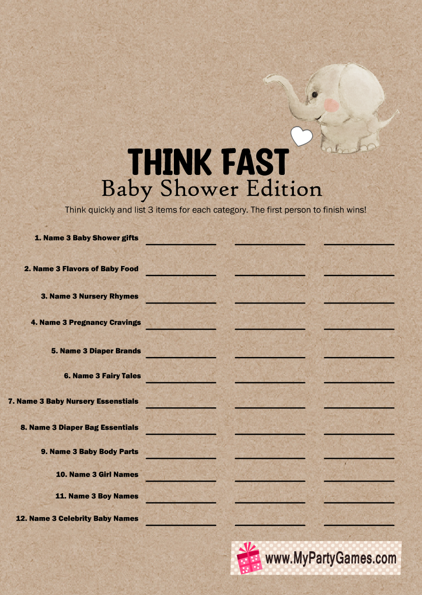 Think Fast Baby Shower Game Free Printable