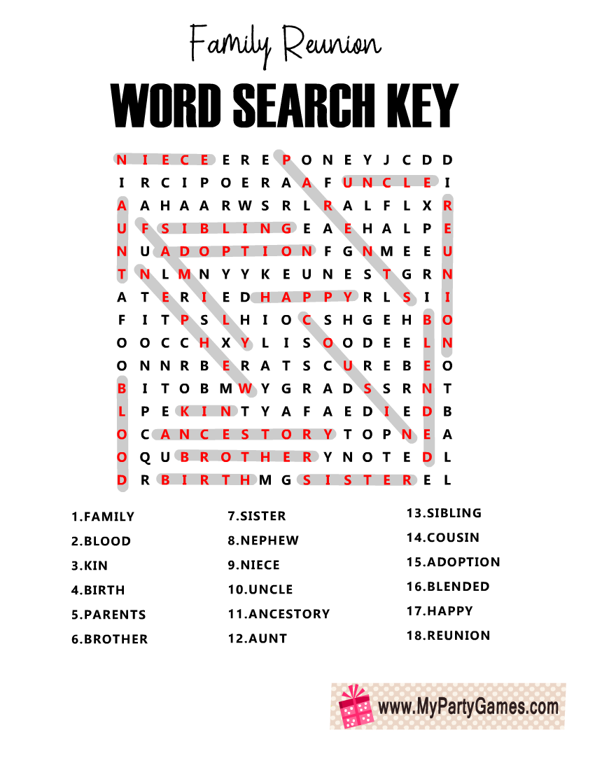Free Printable Family Reunion Word Search Puzzle with Key