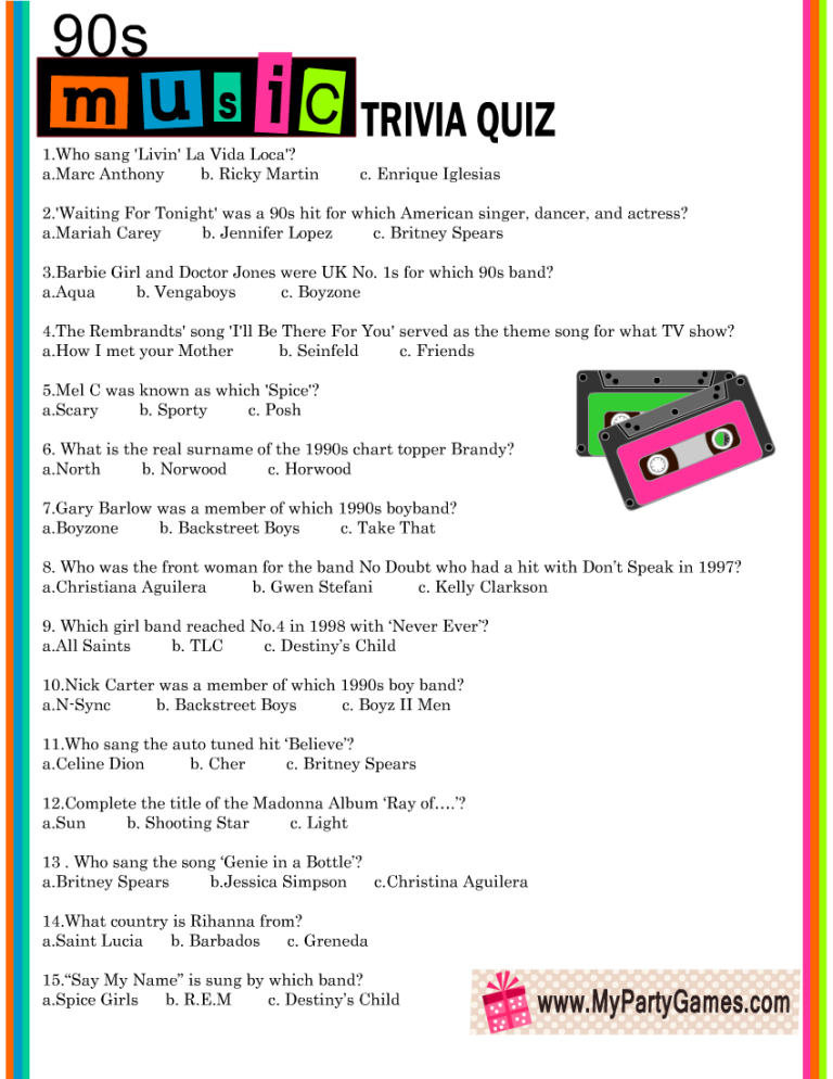90s Music Trivia Quiz, with its Answer Key