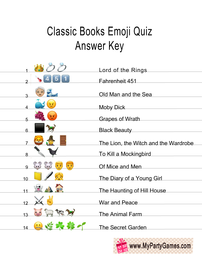 Classic Books Emoji Quiz Answer Key