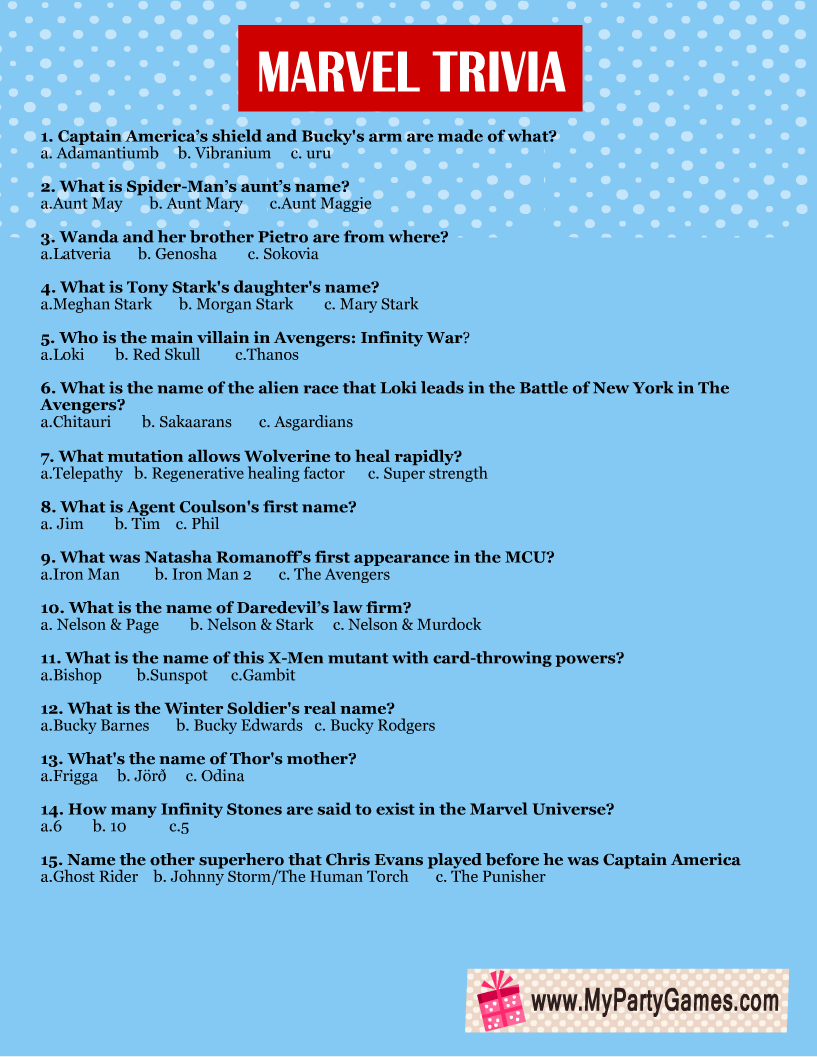Free Printable Marvel Trivia Quiz