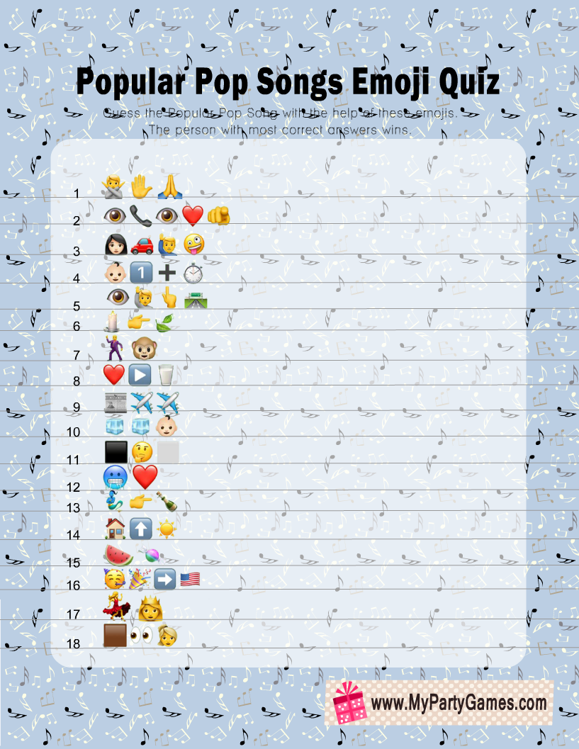 Free Printable Popular Pop Songs Emoji Quiz