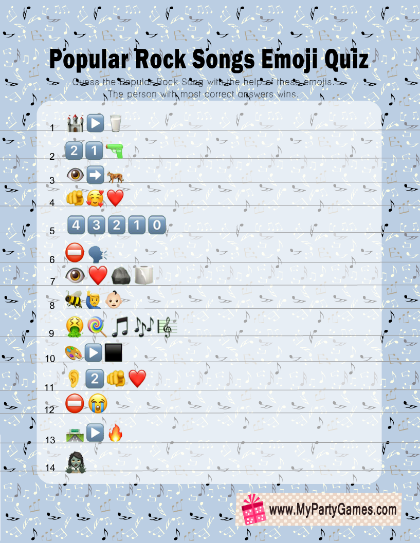 Free Printable Popular Rock Songs Emoji Quiz