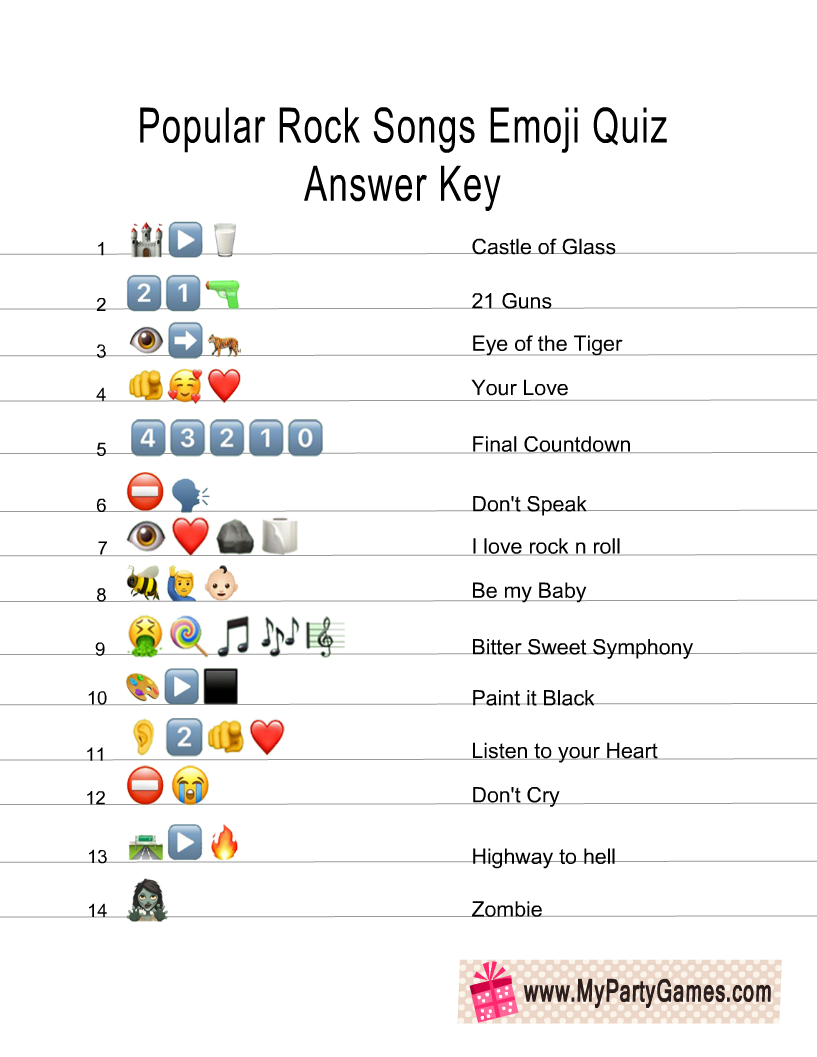 Popular Rock Songs Emoji Quiz Answer Key