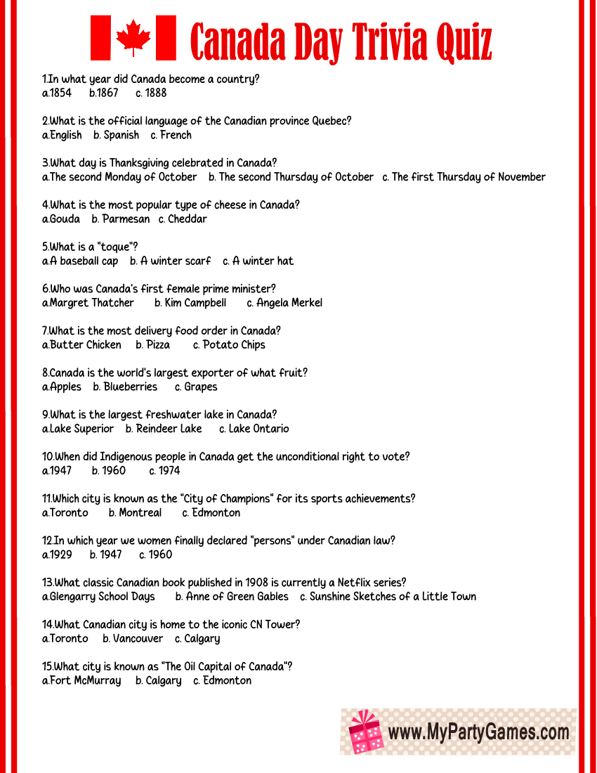 Free Printable Canada Day Trivia Quiz