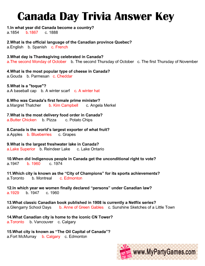 Canada Day Trivia Quiz Answer Key