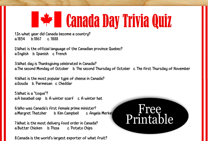 Free Printable Canada Day Trivia Quiz with Answer Key